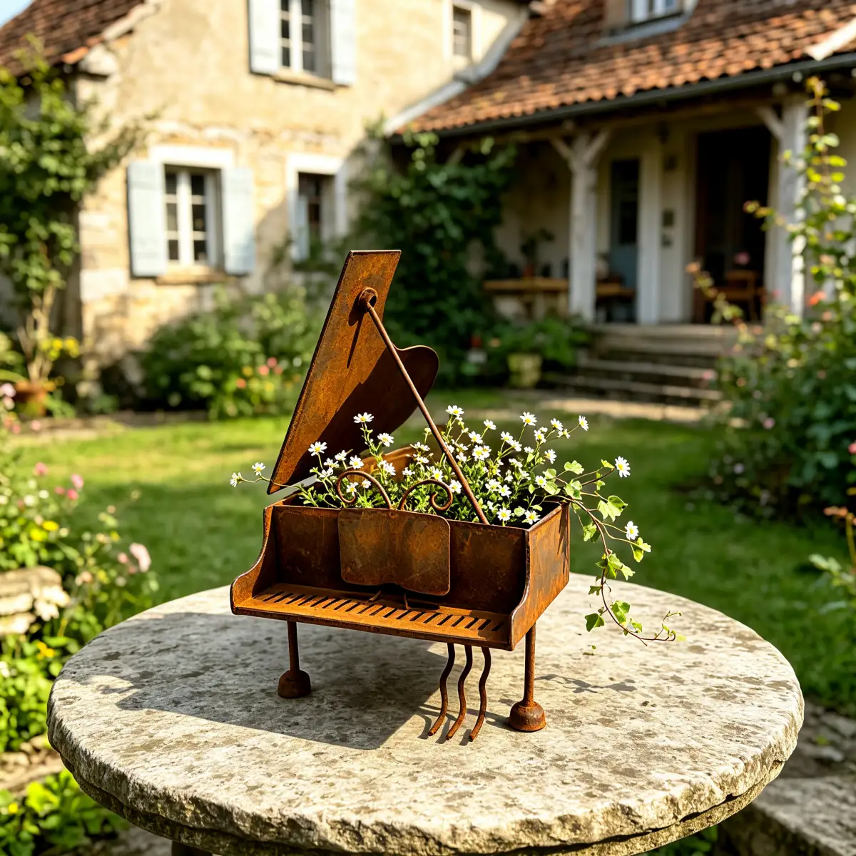 Rustic metal piano planter holding white flowers on a stone table